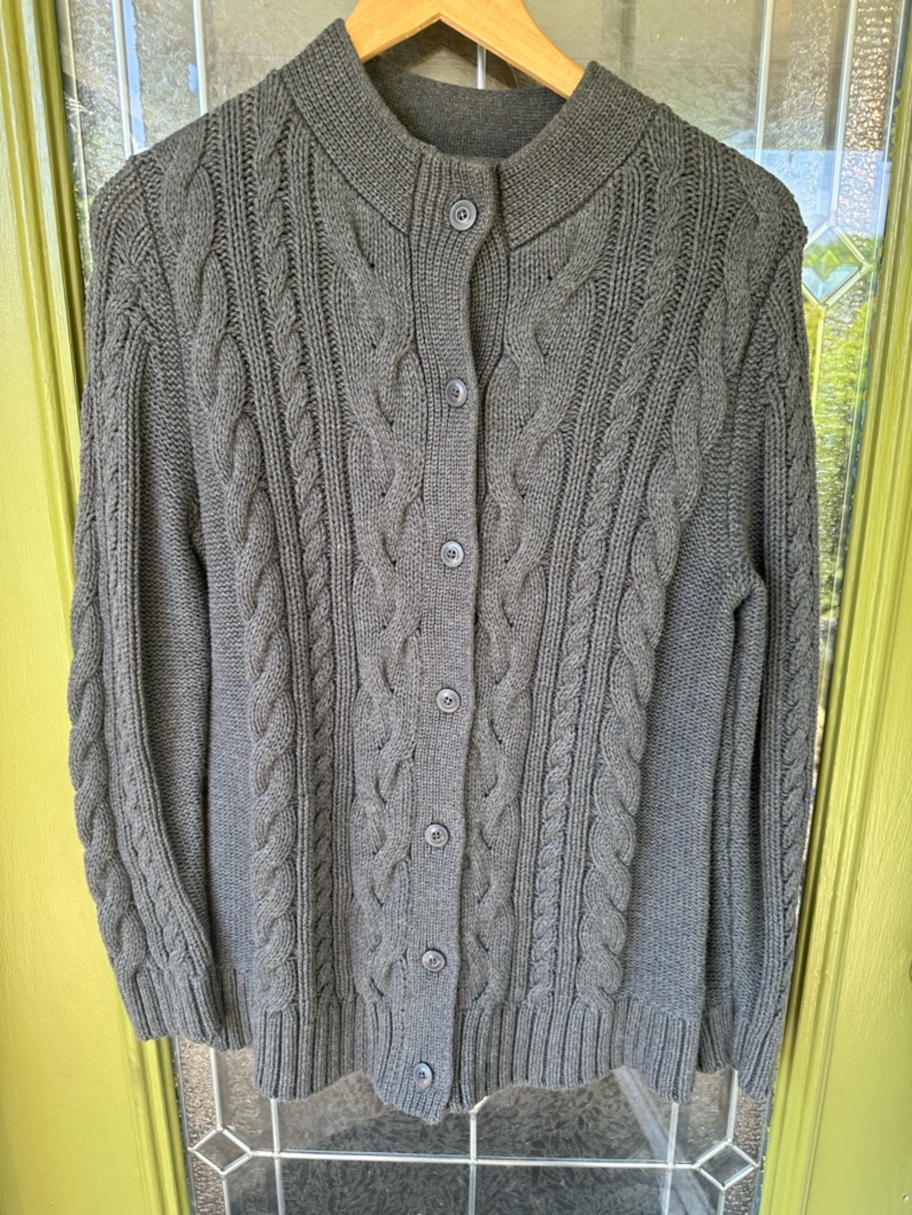 LL BEAN Womens XL Fisherman Cable Knit Button Up Grey Cardigan Sweater Heavy
